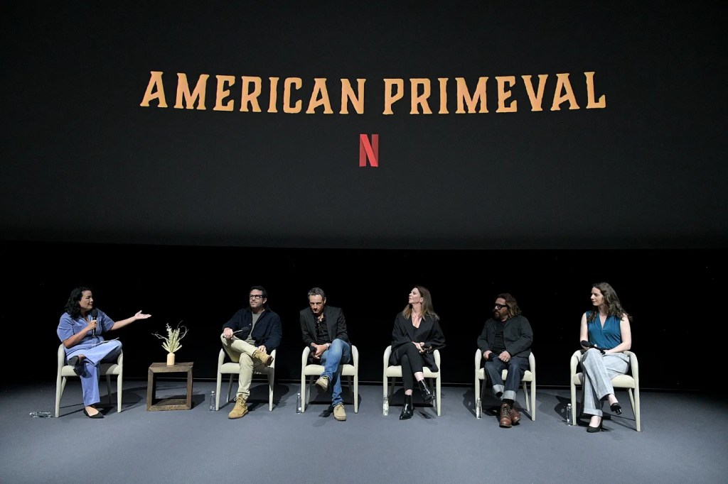 From left: Moderator Jenelle Riley, executive producer Eric Newman, DP Jacques Jouffret, assistant costume designer Mila Hermanovski, hair department head Johnny Villanueva, and supervising sound editor Anne Jimkes